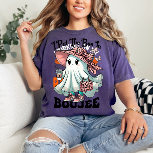 I Put The Boo In Boujee Ghost Unisex Garment-Dyed T-Shirt - Fun Halloween Tee for Fashion Lovers