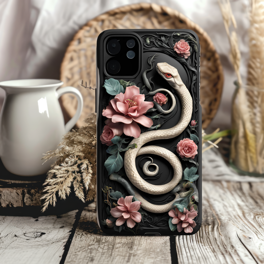 Serpent Floral iPhone Case - Elegant Tough Protection, 3D Snake and Flowers Phone Case for iPhone, Samsung, and Google Pixel