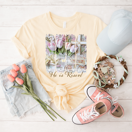 He Is Risen Tulip T‑Shirt — Easter Floral Christian Tee