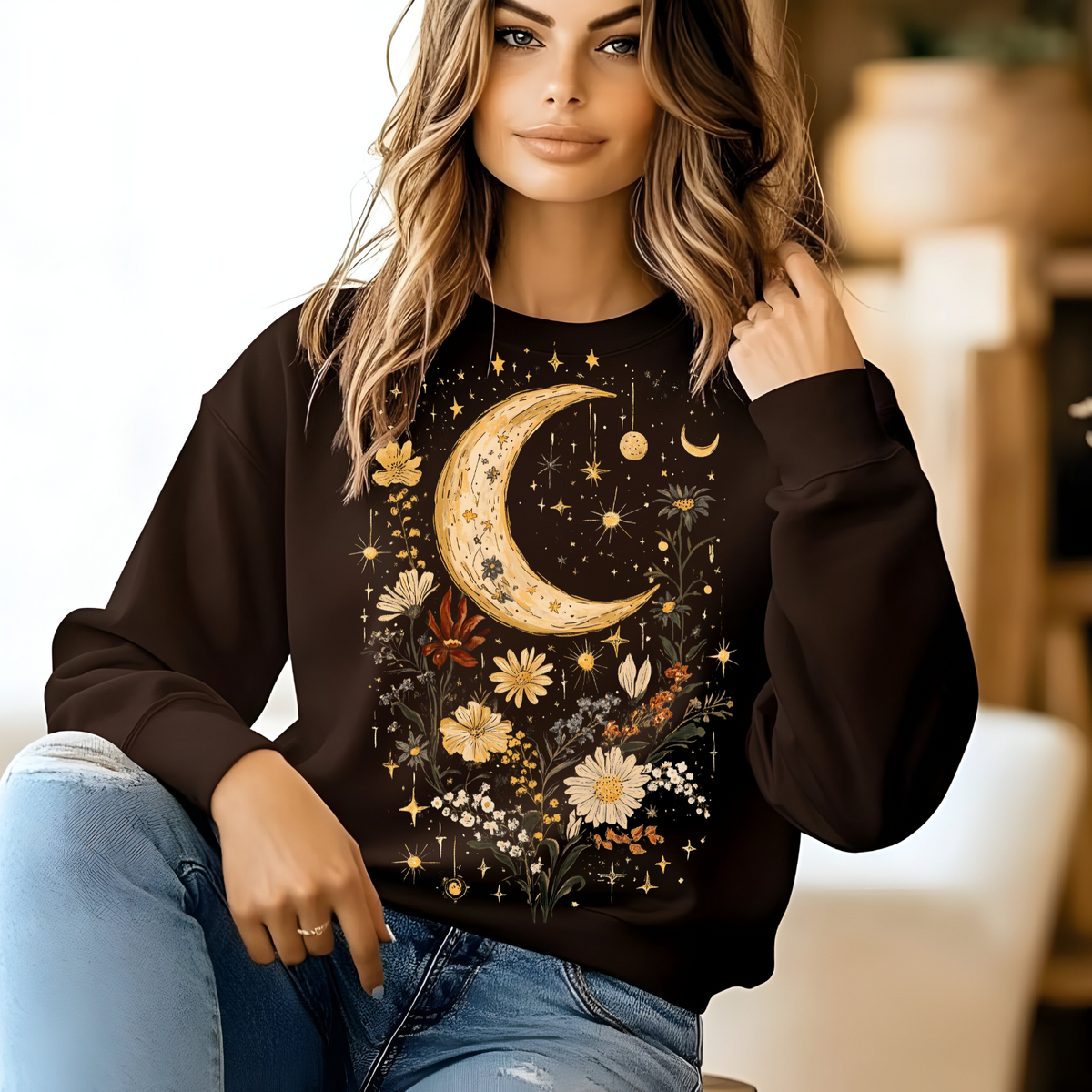 Celestial Floral Unisex Garment-Dyed T-Shirt | Moon & Stars Design, Cottage Core Celestial Shirt