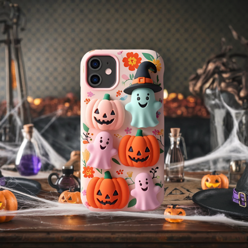 Halloween 3d look pink pastel clay ghost floral cute flower iPhone, Samsung, and Google Pixel. Halloween Doodle Phone Case
