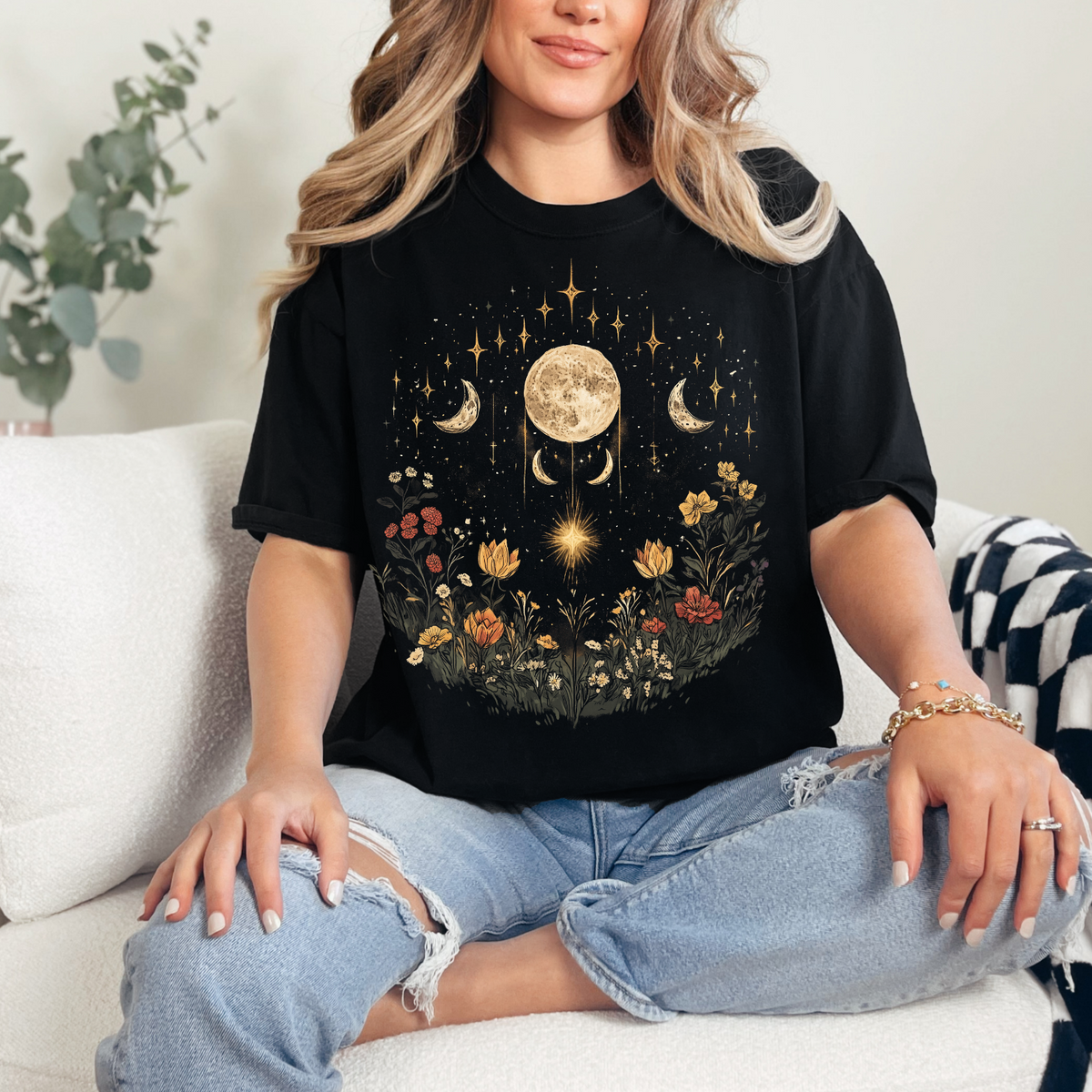 Cosmic Floral Unisex T-Shirt - Garment-Dyed Moon and Stars Design, Cottage Core Celestial Shirt, Moon Phase Shirt
