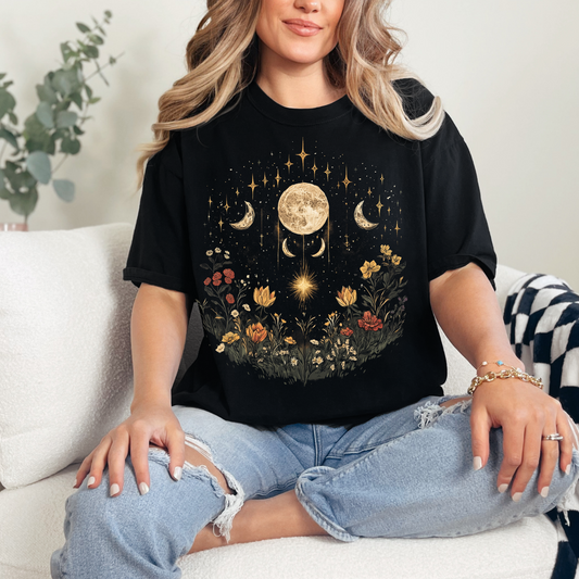 Cosmic Floral Unisex T-Shirt - Garment-Dyed Moon and Stars Design, Cottage Core Celestial Shirt, Moon Phase Shirt