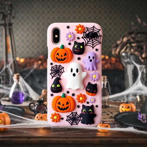 Halloween 3d look pink pastel clay ghost floral cute flower iPhone, Samsung, and Google Pixel. Halloween Doodle Phone Case