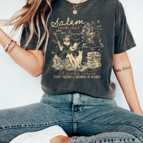 Salem Book Club T-Shirt - Unisex Garment-Dyed Tee for Book Lovers,  Vintage Salem Witch Halloween Shirt