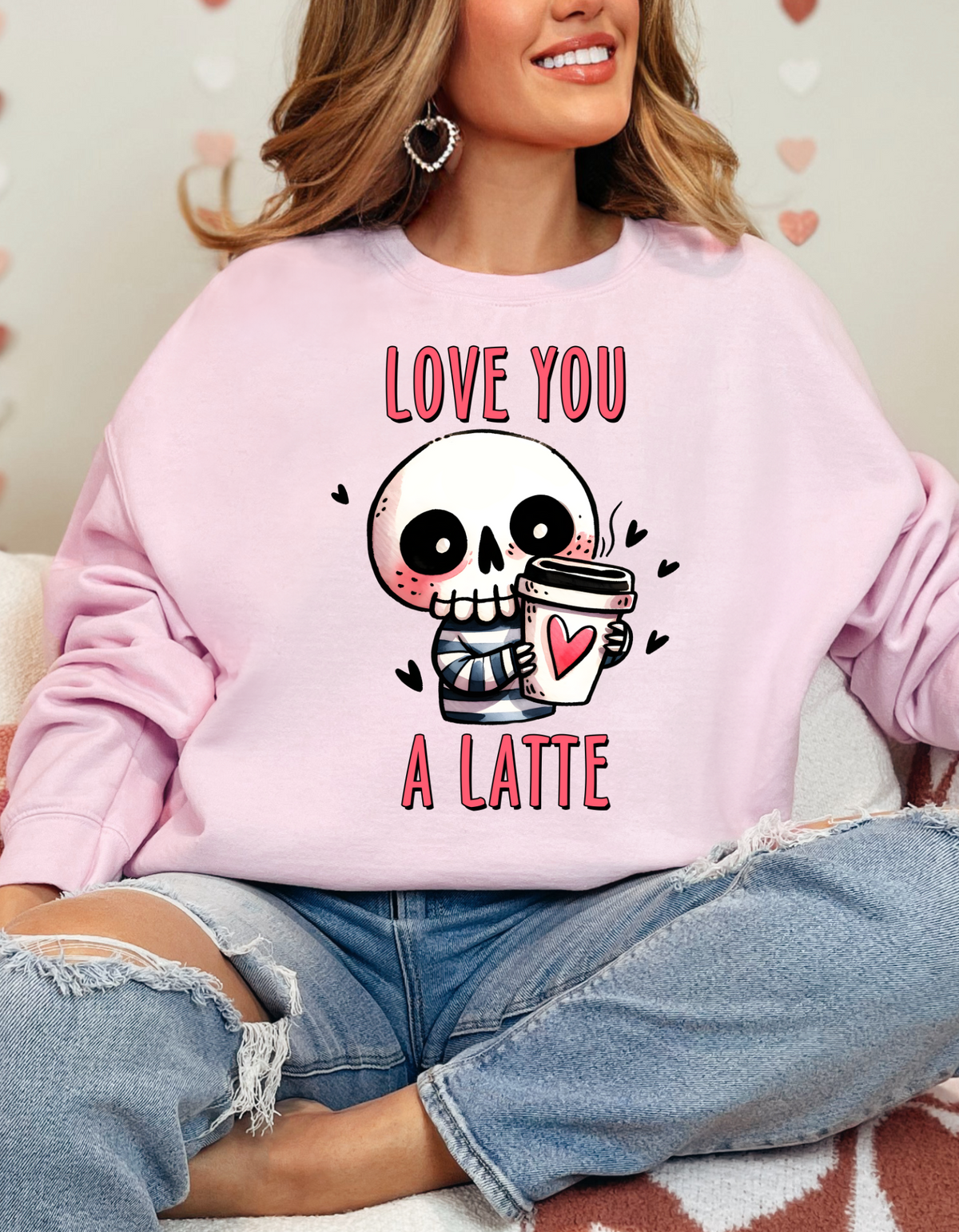 Valentine's Day Sweatshirt, Cute Skull Love You A Latte Sweatshirt, Cozy Unisex Crewneck, Valentine's Gift, Goth Apparel, Coffee Lover Sweatshirt