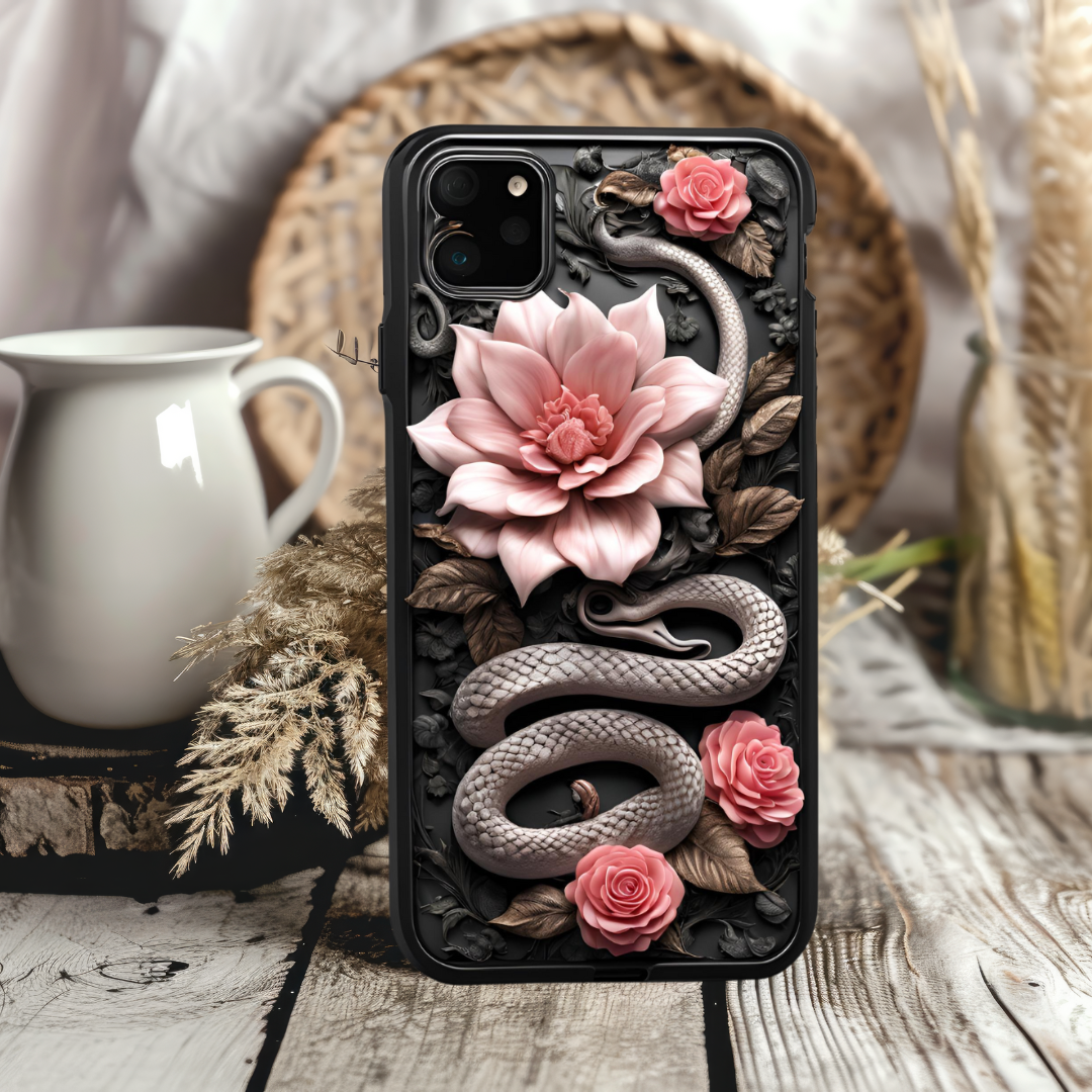 Artistic Snake and Flower iPhone Case - Tough Cases for Nature Lovers, 3D Snake and Flowers Phone Case for iPhone, Samsung, and Google Pixel