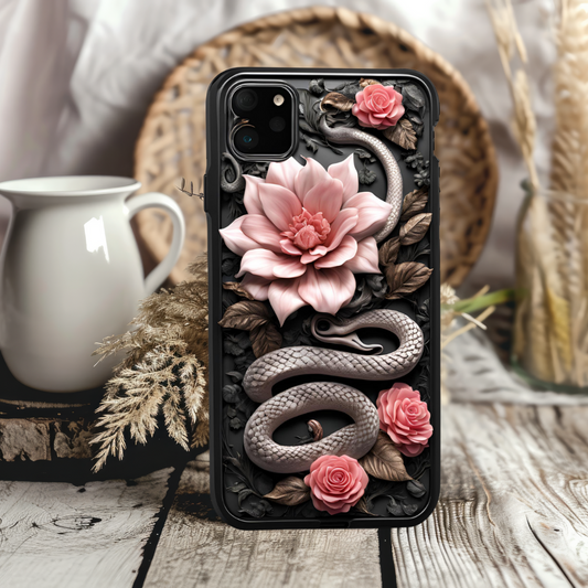 Artistic Snake and Flower iPhone Case - Tough Cases for Nature Lovers, 3D Snake and Flowers Phone Case for iPhone, Samsung, and Google Pixel
