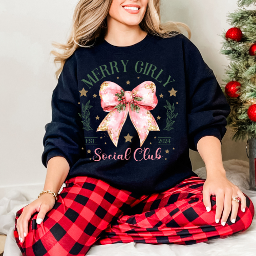 Merry Girly Social Club Sweatshirt, Cozy Holiday Pullover, Christmas Gift for Friends, Cute Sweatshirt, Winter Casual Wear