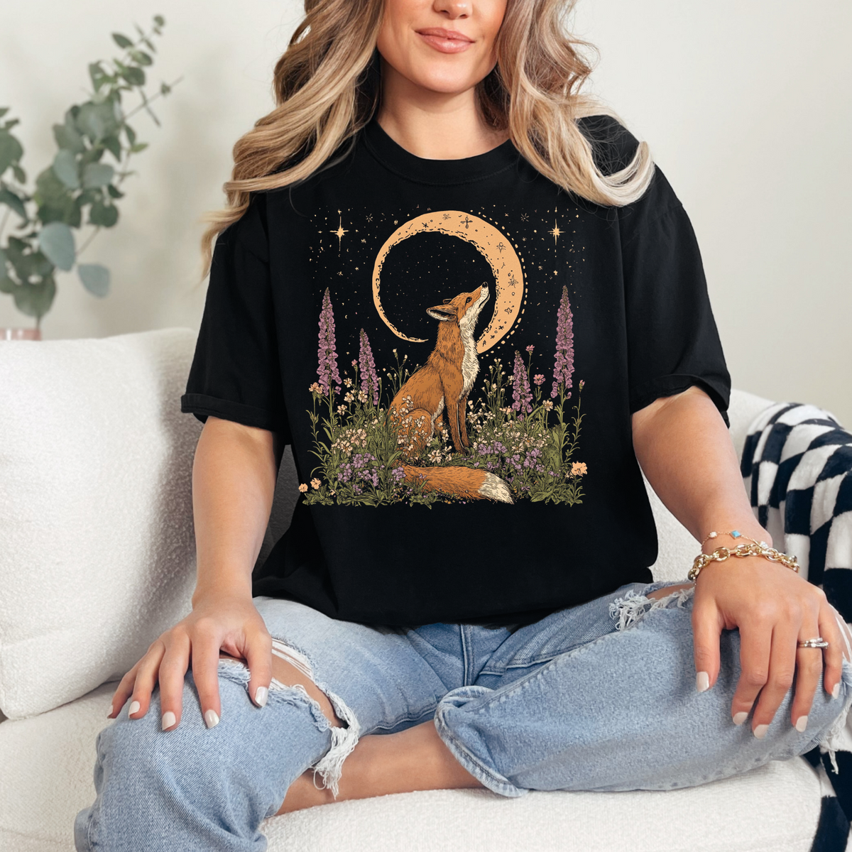Moonlit Fox Unisex Softstyle T-Shirt - Nature Lover's Tee, Celestial Shirt, Fox Cottage Core Shirt
