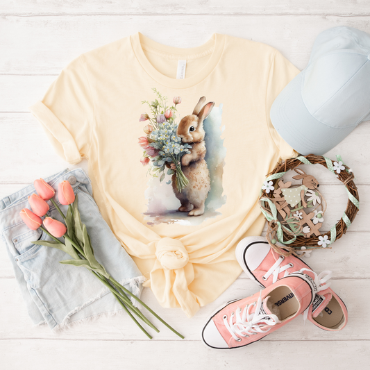 Floral Bunny T-Shirt, Cute Spring Tee, Rabbit Graphic Shirt, Gift for Animal Lovers, Easter Apparel, Garden Party Top