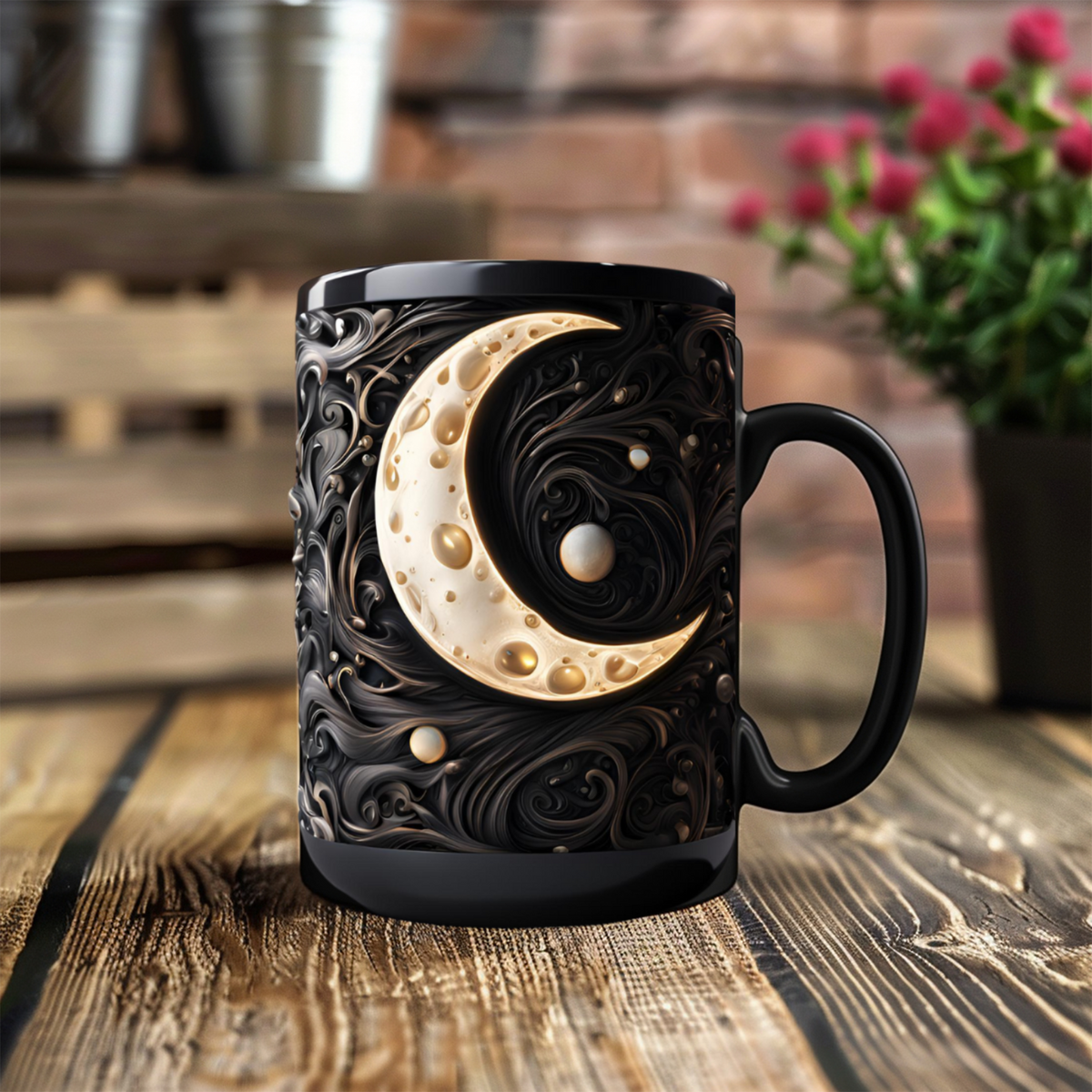 Celestial Moon Ceramic Coffee Mug – Black and White Design (11oz & 15oz), Crescent Moon Coffee Mug