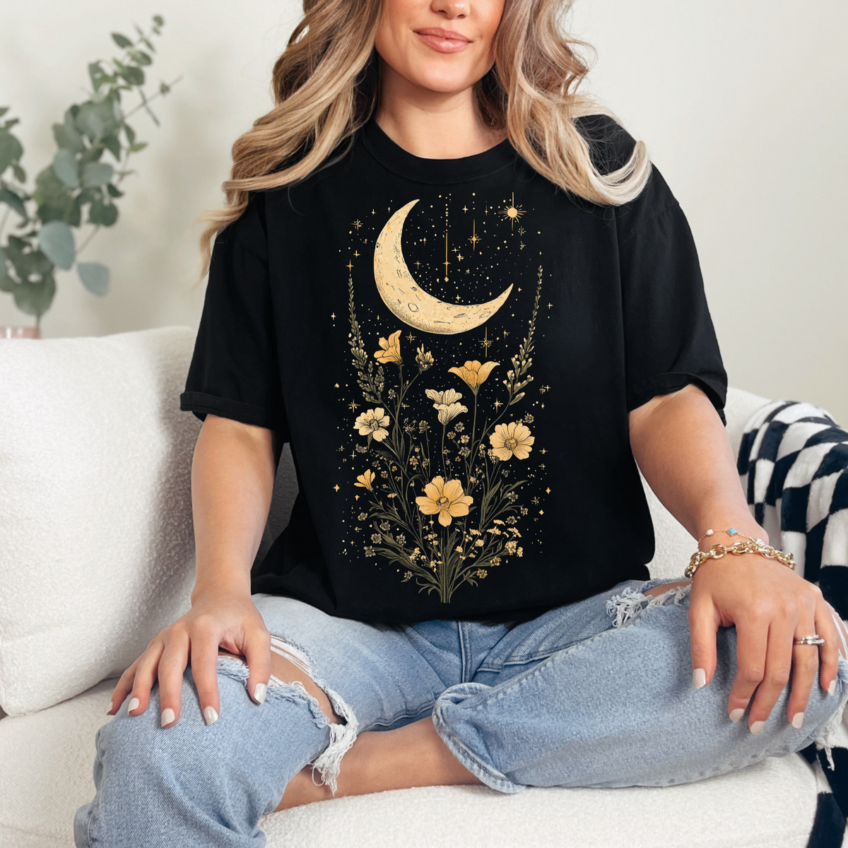 Moonlit Floral Unisex Softstyle T-Shirt - Night Sky Design for Nature Lovers, Celestial Cottage Core Shirt