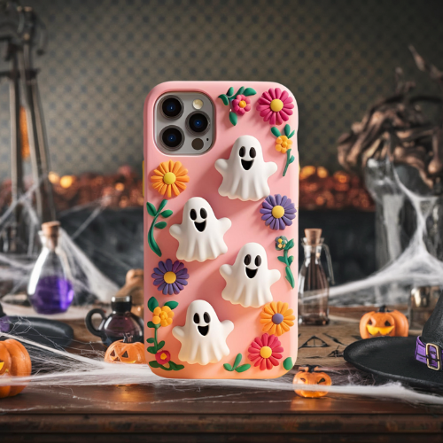 Halloween 3d look pink pastel clay ghost floral cute flower iPhone, Samsung, and Google Pixel. Halloween Doodle Phone Case