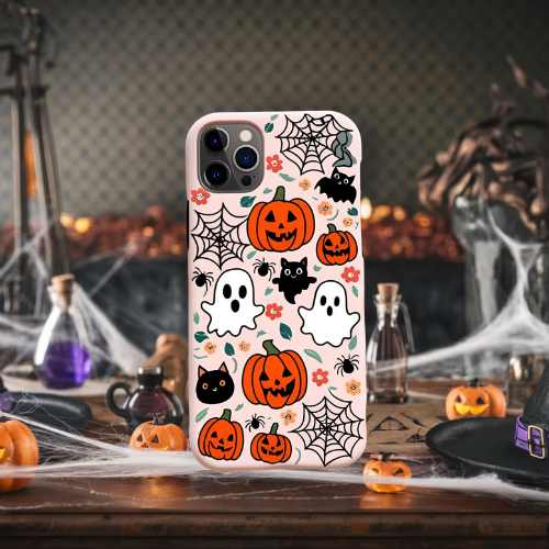 Halloween 3d look pink pastel clay ghost floral cute flower iPhone, Samsung, and Google Pixel. Halloween Doodle Phone Case
