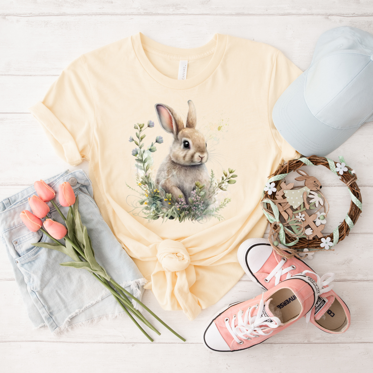 Cute Rabbit Floral T-Shirt, Unisex Tee, Animal Lovers Gift, Spring Fashion, Easter Outfit, Nature Inspired Apparel