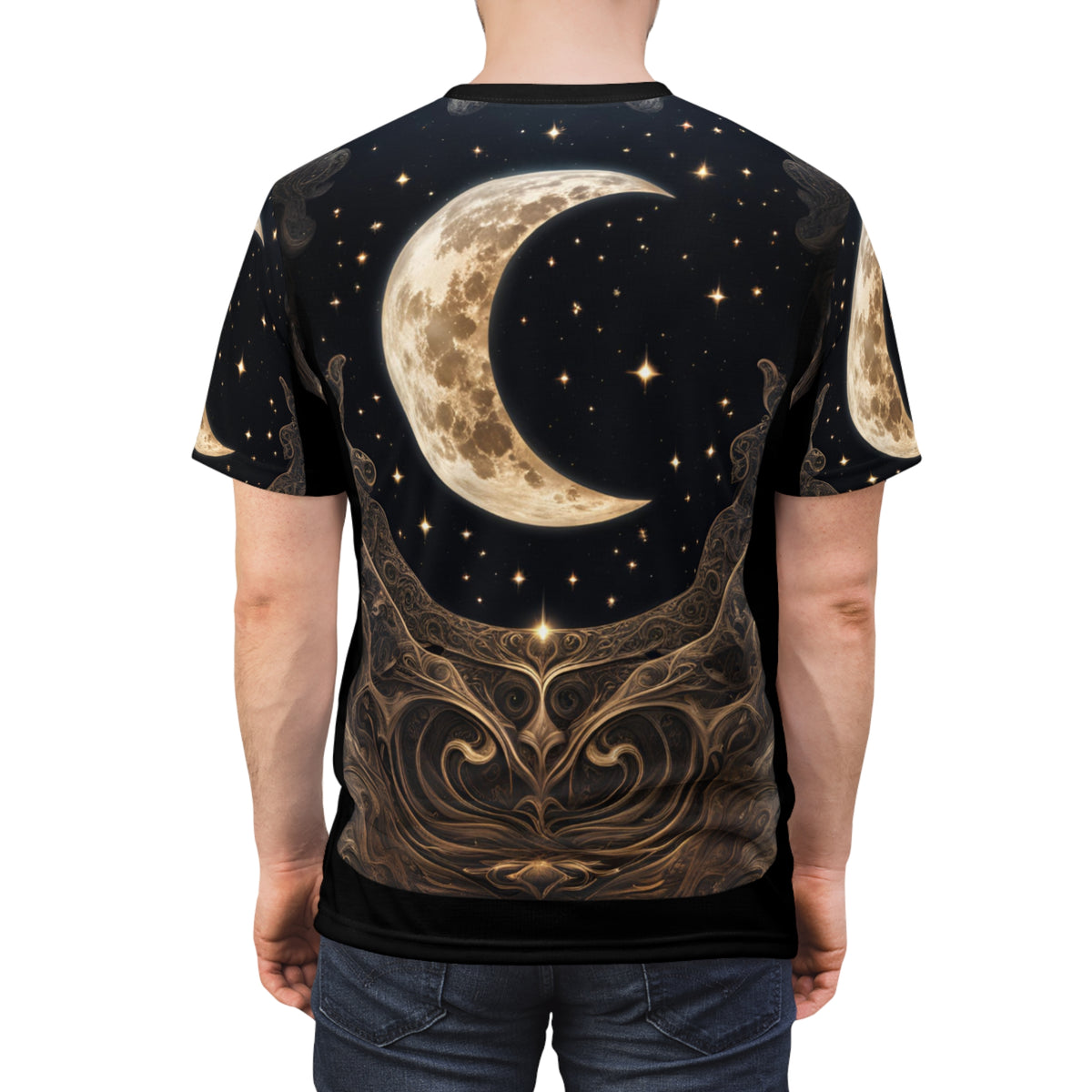 Celestial Moon Unisex Cut & Sew Tee - Night Sky Graphic T-Shirt, Celestial Crescent Moon AOP Shirt