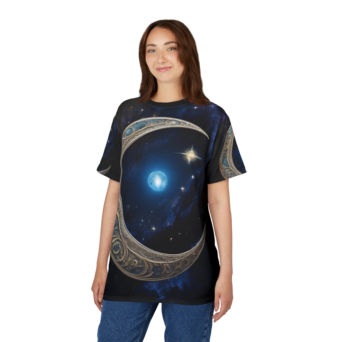 Celestial Chic Unisex Cut & Sew Tee - Mystical Moon & Star Design, Celestial Crescent Moon AOP Shirt