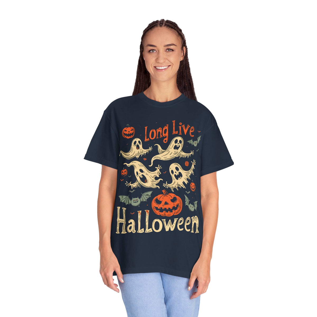Vintage Long Live Halloween Unisex T-shirt - Spooky Ghosts & Pumpkin Design