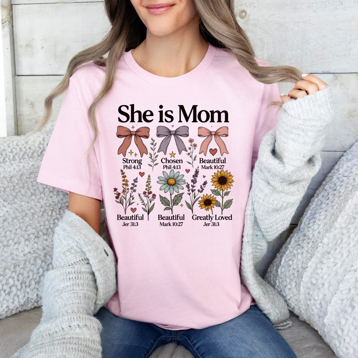 She Is Mom T-Shirt — Inspirational Christian Mom Tee (She is Mom: Strong, Chosen, Beautiful) Mother's Day Shirt
