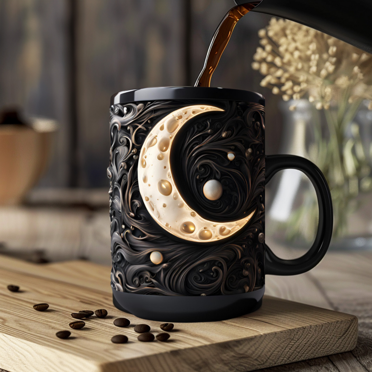 Celestial Moon Ceramic Coffee Mug – Black and White Design (11oz & 15oz), Crescent Moon Coffee Mug