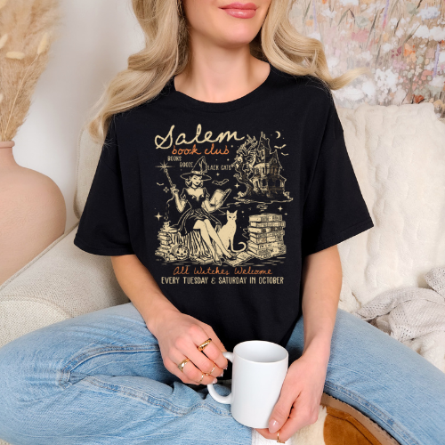Salem Book Club T-Shirt - Unisex Garment-Dyed Tee for Book Lovers,  Vintage Salem Witch Halloween Shirt