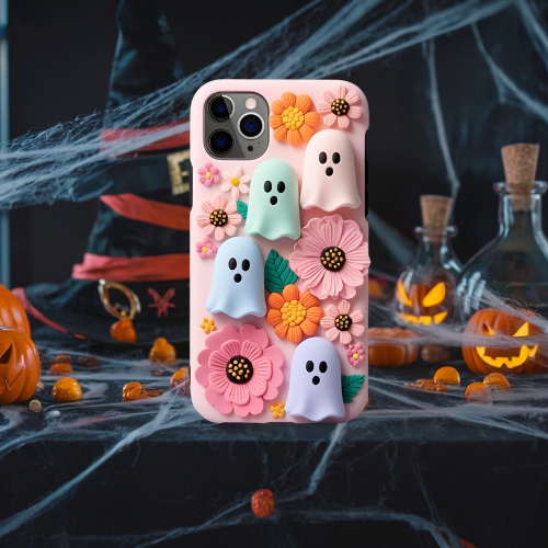 Halloween 3d look pink pastel clay ghost floral cute flower iPhone, Samsung, and Google Pixel. Halloween Doodle Phone Case