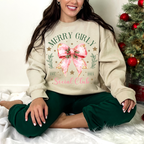Merry Girly Social Club Sweatshirt, Cozy Holiday Pullover, Christmas Gift for Friends, Cute Sweatshirt, Winter Casual Wear