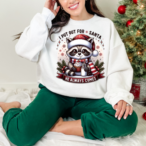 Festive Raccoon Sweatshirt, Cozy Holiday Crewneck, Winter Gift, Ugly Sweater Party, Christmas Sweater, Unisex Holiday Apparel