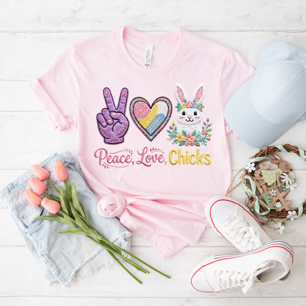 Peace, Love, Chicks Tee — Easter Bunny & Heart Graphic T-Shirt