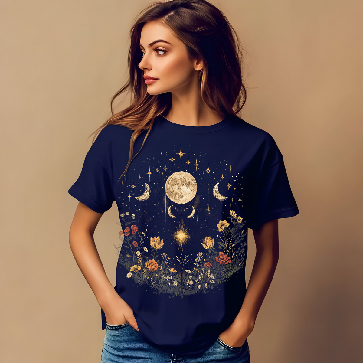 Cosmic Floral Unisex T-Shirt - Garment-Dyed Moon and Stars Design, Cottage Core Celestial Shirt, Moon Phase Shirt
