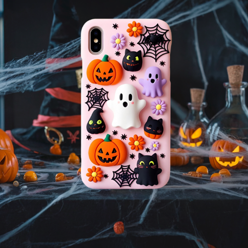 Halloween 3d look pink pastel clay ghost floral cute flower iPhone, Samsung, and Google Pixel. Halloween Doodle Phone Case