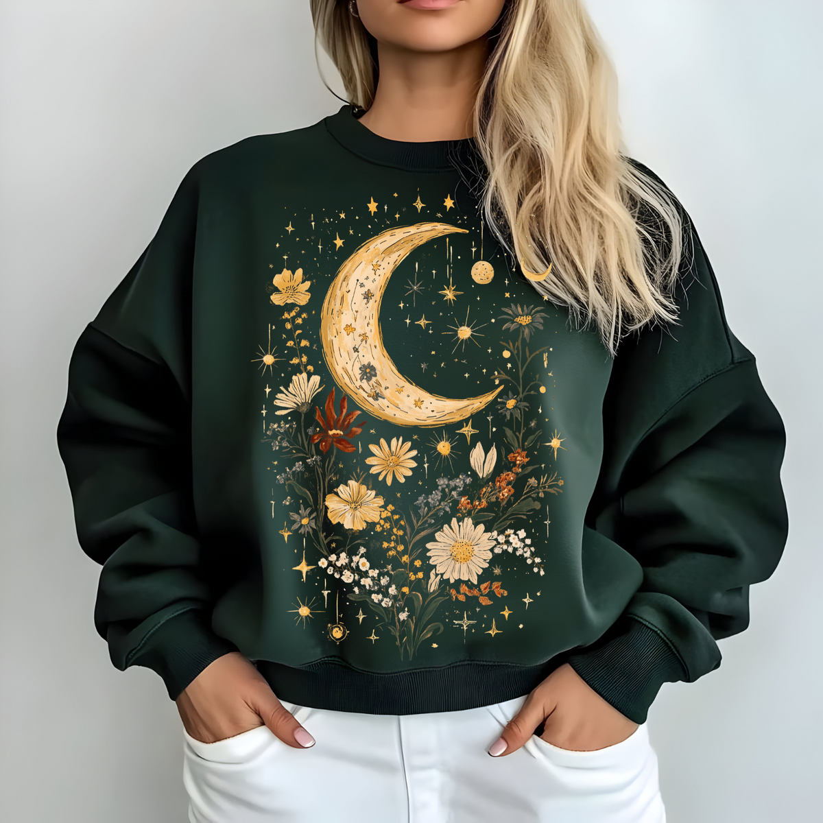 Celestial Floral Unisex Garment-Dyed T-Shirt | Moon & Stars Design, Cottage Core Celestial Shirt
