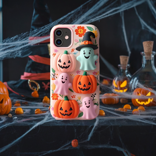 Halloween 3d look pink pastel clay ghost floral cute flower iPhone, Samsung, and Google Pixel. Halloween Doodle Phone Case