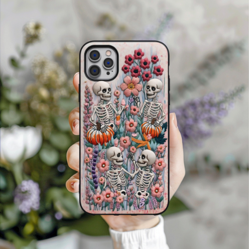 Skeletal Friends Phone Case - Halloween Vibes with Floral Design