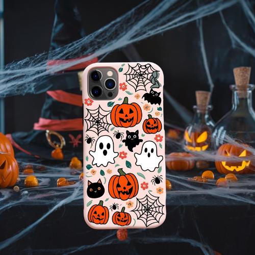 Halloween 3d look pink pastel clay ghost floral cute flower iPhone, Samsung, and Google Pixel. Halloween Doodle Phone Case