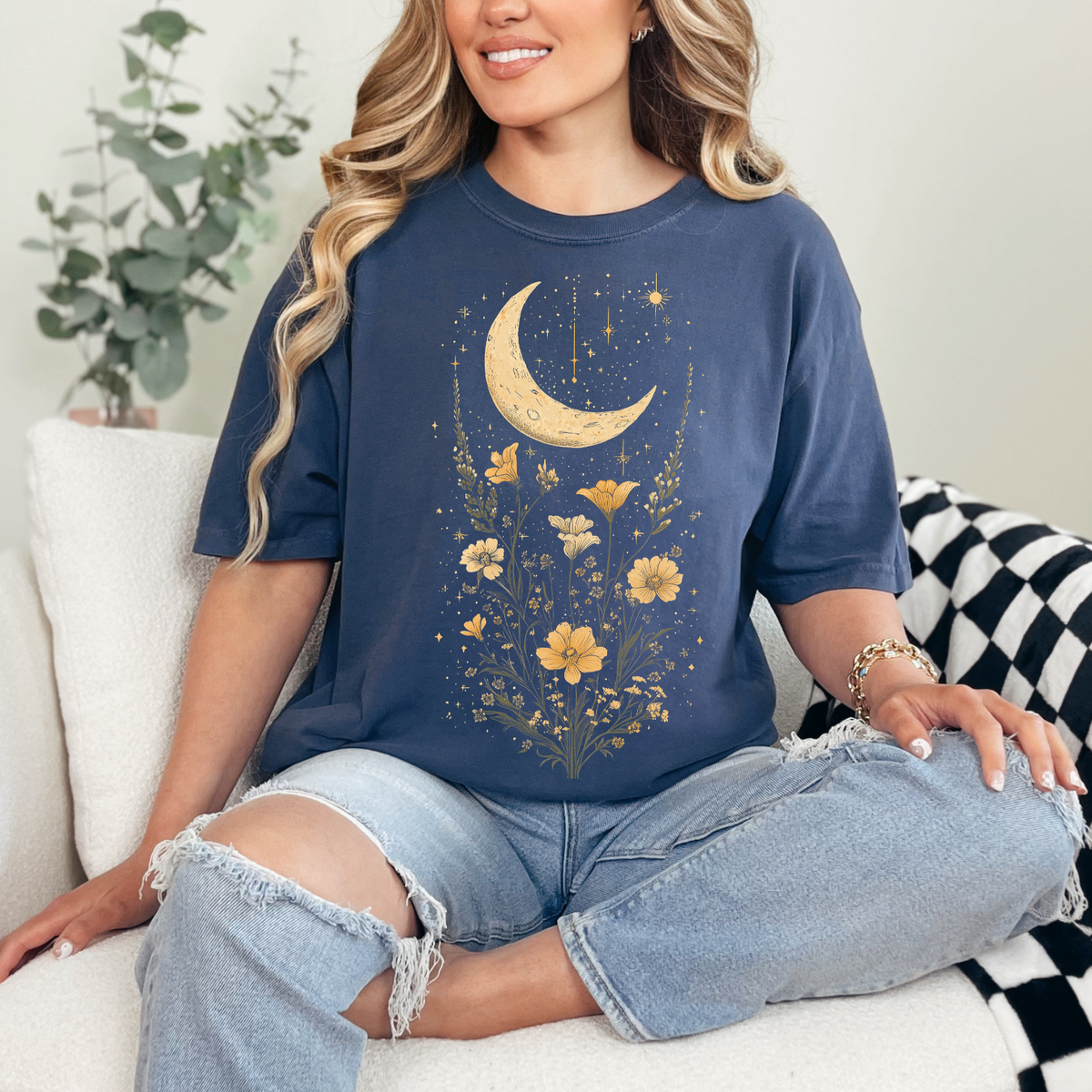 Moonlit Floral Unisex Softstyle T-Shirt - Night Sky Design for Nature Lovers, Celestial Cottage Core Shirt