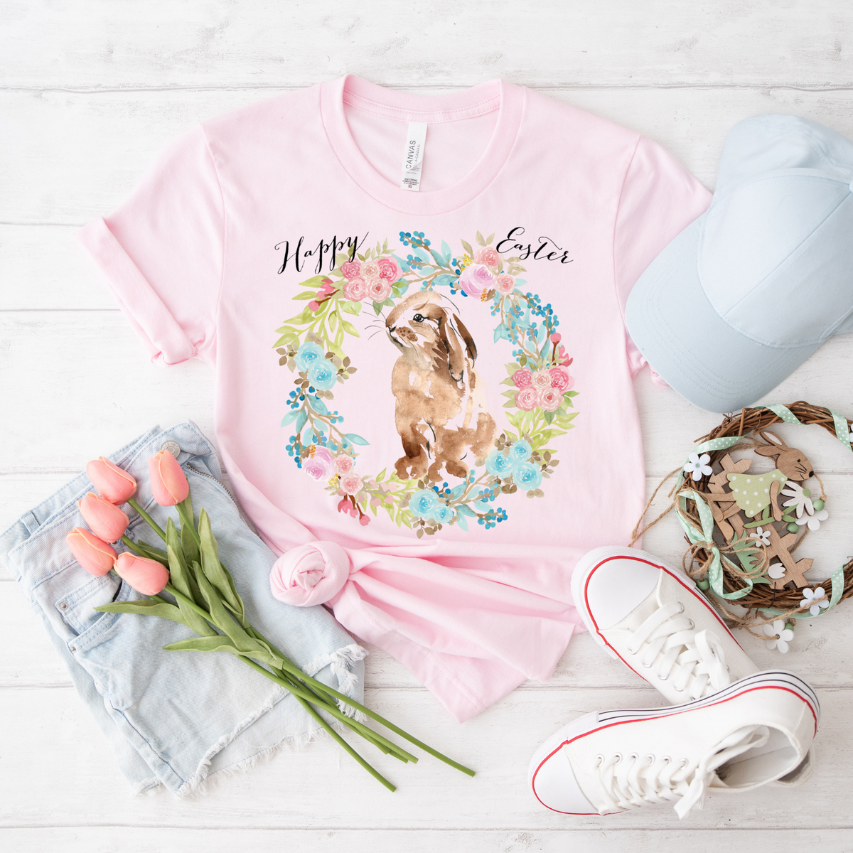Water Color Floral Rabbit Tee, Cute Animal Shirt for Spring, Happy Easter Gift, Casual Unisex T-Shirt, Soft Jersey Top