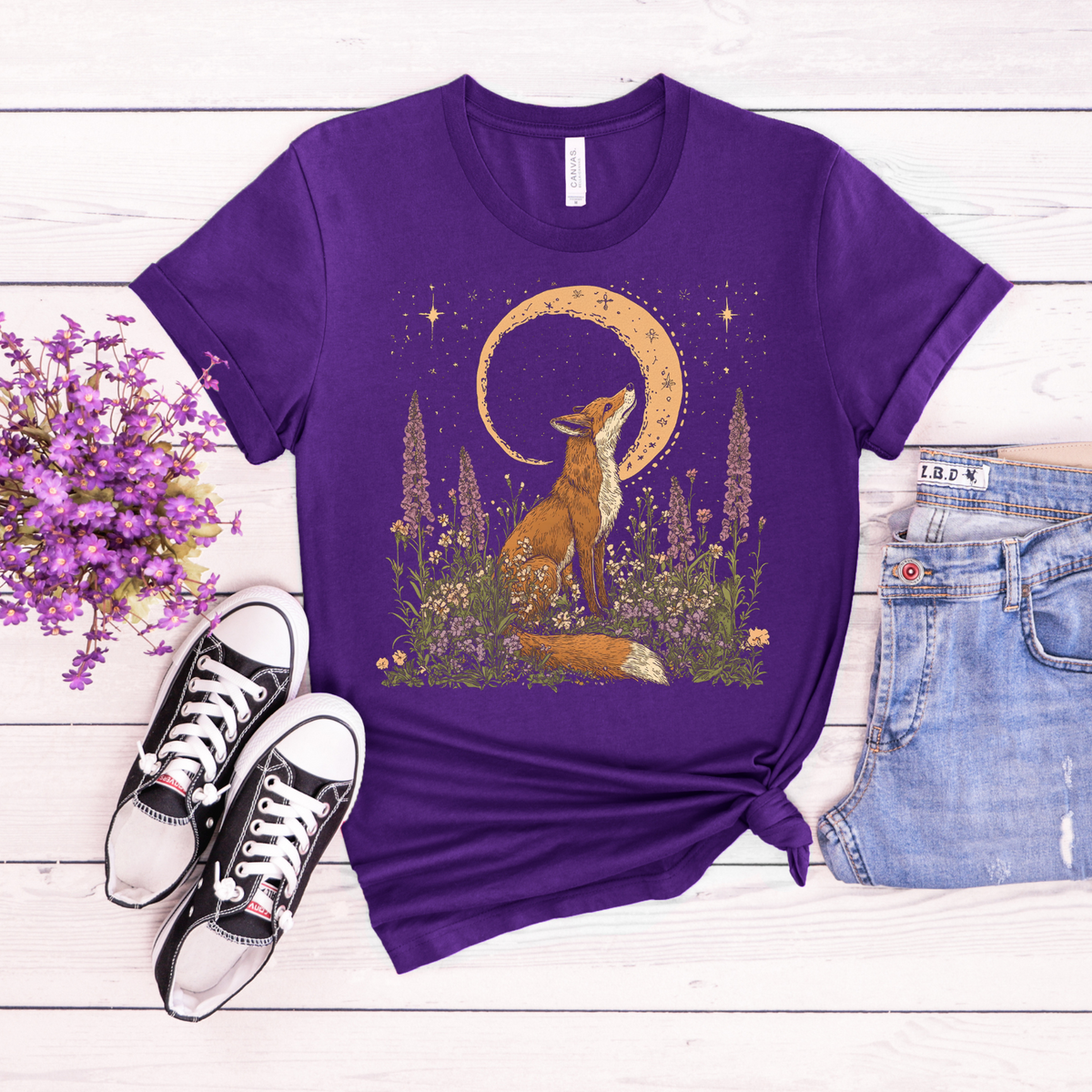 Moonlit Fox Unisex Softstyle T-Shirt - Nature Lover's Tee, Celestial Shirt, Fox Cottage Core Shirt