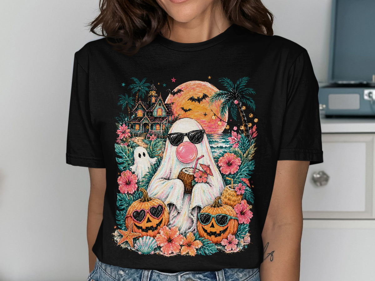 Ghost wearing sunglasses blows bubble gum and drinks from a coconut, with pumpkins and beachy scene.