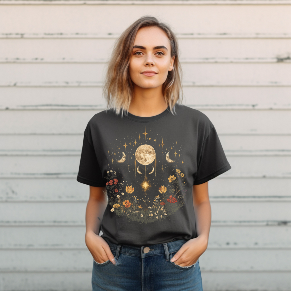 Cosmic Floral Unisex T-Shirt - Garment-Dyed Moon and Stars Design, Cottage Core Celestial Shirt, Moon Phase Shirt