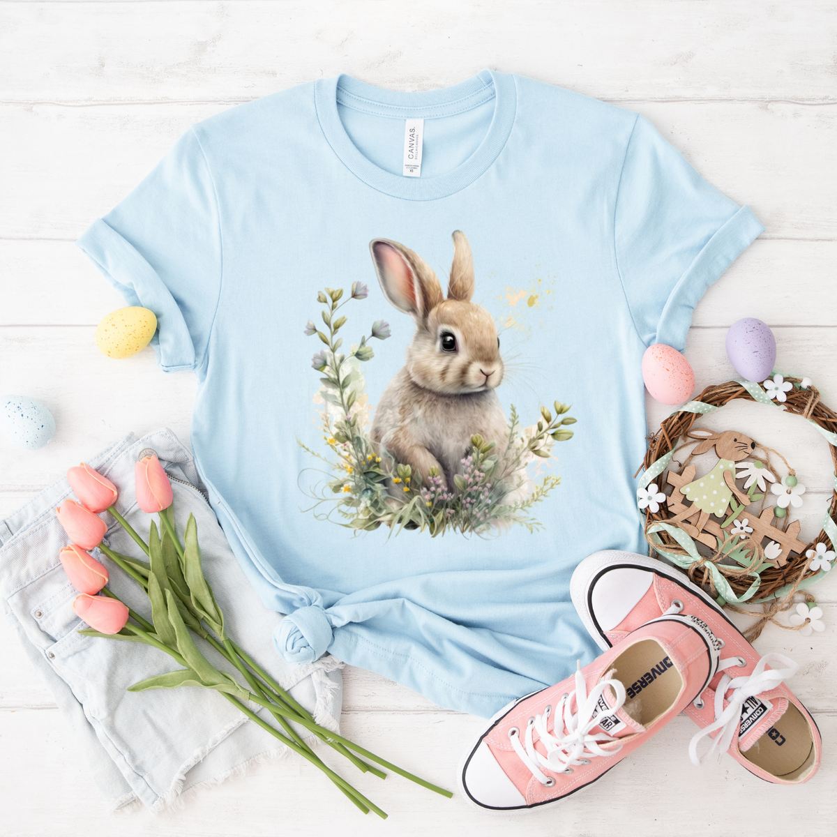 Cute Rabbit Floral T-Shirt, Unisex Tee, Animal Lovers Gift, Spring Fashion, Easter Outfit, Nature Inspired Apparel
