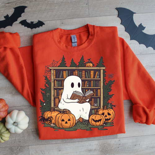 Retro Ghost Reading Books Sweatshirt, Librarian Ghost Halloween, Halloween Teacher Sweatshirt, Halloween Shirt, Teacher Gift, Boo School