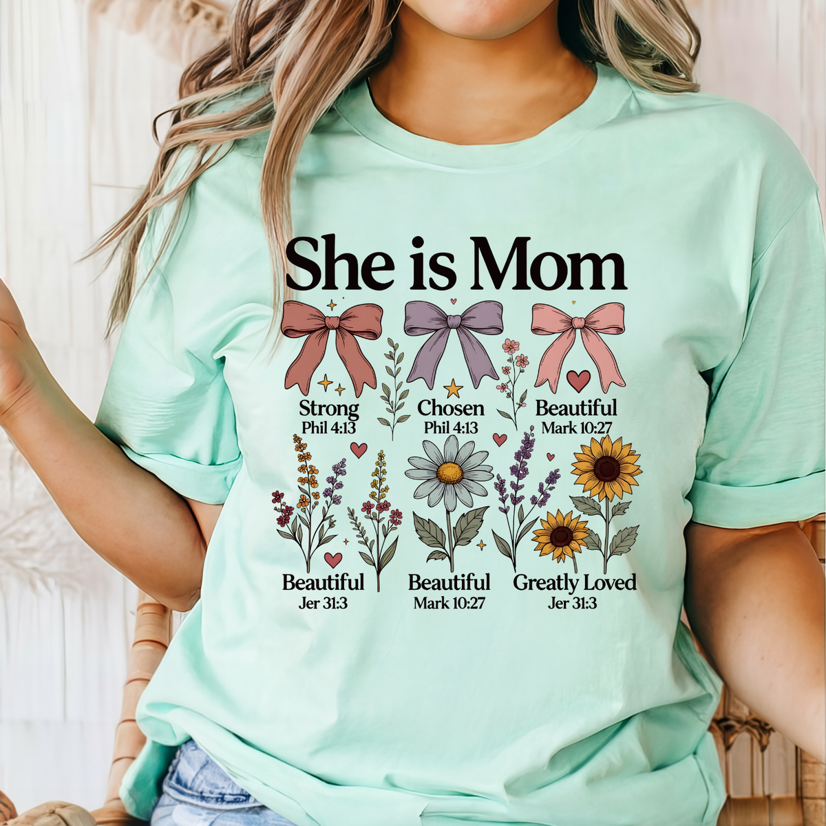 She Is Mom T-Shirt — Inspirational Christian Mom Tee (She is Mom: Strong, Chosen, Beautiful) Mother's Day Shirt