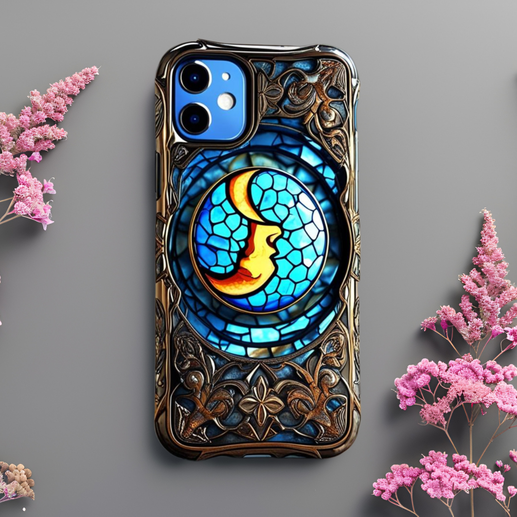 Artistic Stained Glass Phone Case - Tough Cases with Beautiful Moon Design, Celestial Phone Case for iPhone, Samsung, and Google Pixel