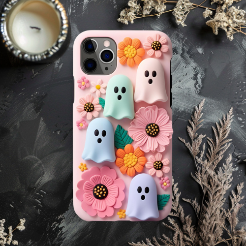 Halloween 3d look pink pastel clay ghost floral cute flower iPhone, Samsung, and Google Pixel. Halloween Doodle Phone Case