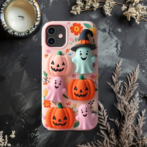 Halloween 3d look pink pastel clay ghost floral cute flower iPhone, Samsung, and Google Pixel. Halloween Doodle Phone Case