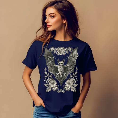Gothic Bat Floral Unisex T-Shirt – Vintage Style Graphic Tee for Halloween and Everyday Wear