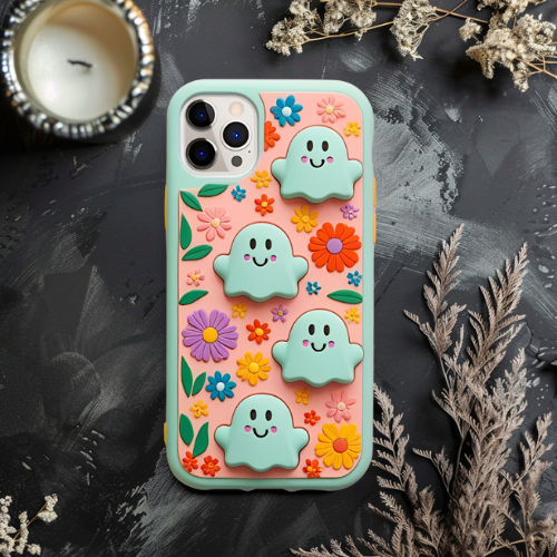 Halloween 3d look pastel clay ghost floral cute flower iPhone, Samsung, and Google Pixel. Halloween Doodle Phone Case