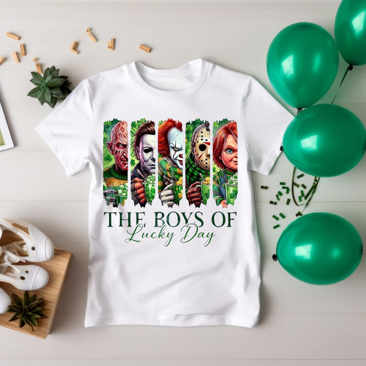 Horror Icons T-Shirt — "The Boys of Lucky Day" Retro Slasher Character Tee, St. Patrick's Day Shirt,